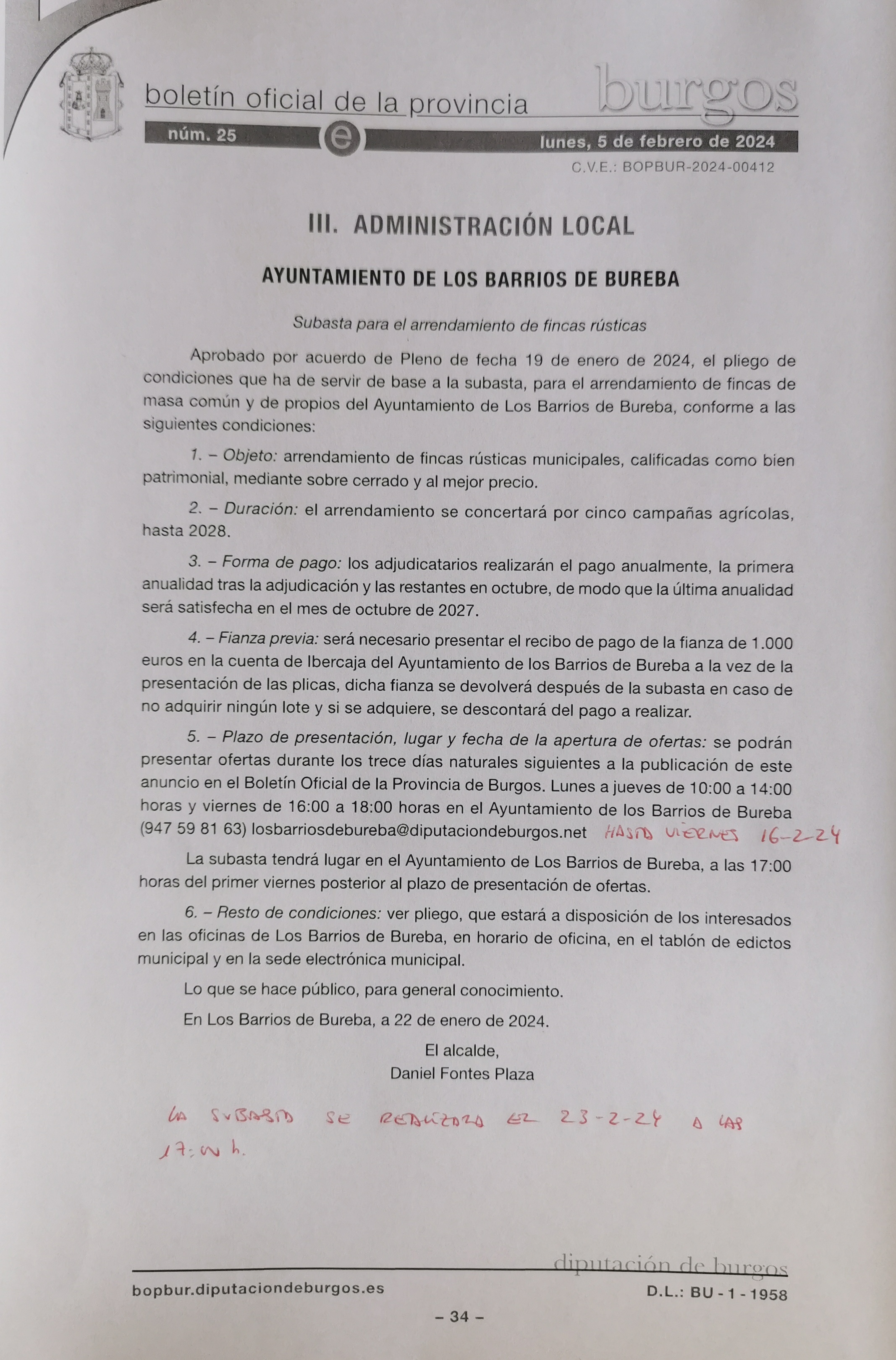 anuncio publicado en el Boletin de la Provincia